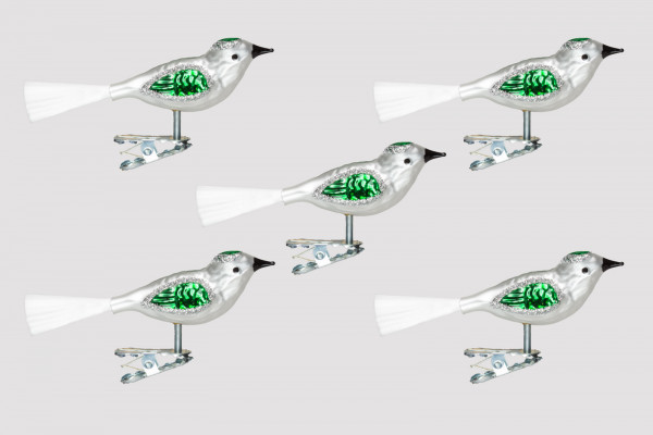 Christbaumschmuck Glas Vogel 5er Set silber / grün H Lauschaer Glasartikel