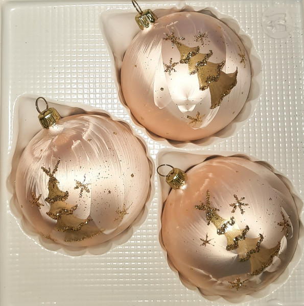 Christbaumkugeln 8cm champagner mit Goldbaum Lauschaer Glasartikel