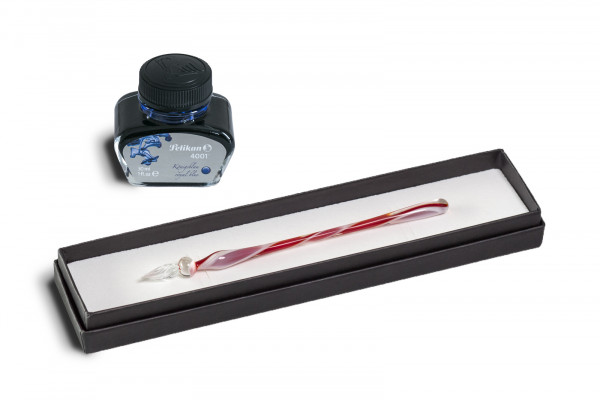 Glasfeder Glasschreiber rot /weiß mit Pelikan Tentenglas Lauschaer-Glasartikel