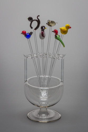 Bowlespießergefäß Glaskörbchen mit 6 Glas Spießern-Tiere Lauschaer Glasartikel