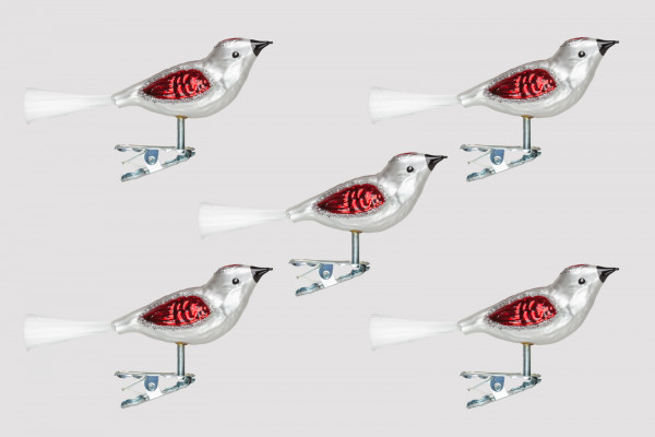 Vogel Set 5 Stück silber / rot H
