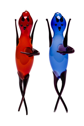 Flaschenteufel 2 Stück rot & blau mit Beschreibung Lauschaer- Glasartikel