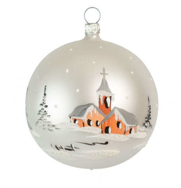 Weihnachts- Fensterkugel 10cm Glas silber/matt mit Winterlanschaft handbemalt Lauschaer-Glasartikel